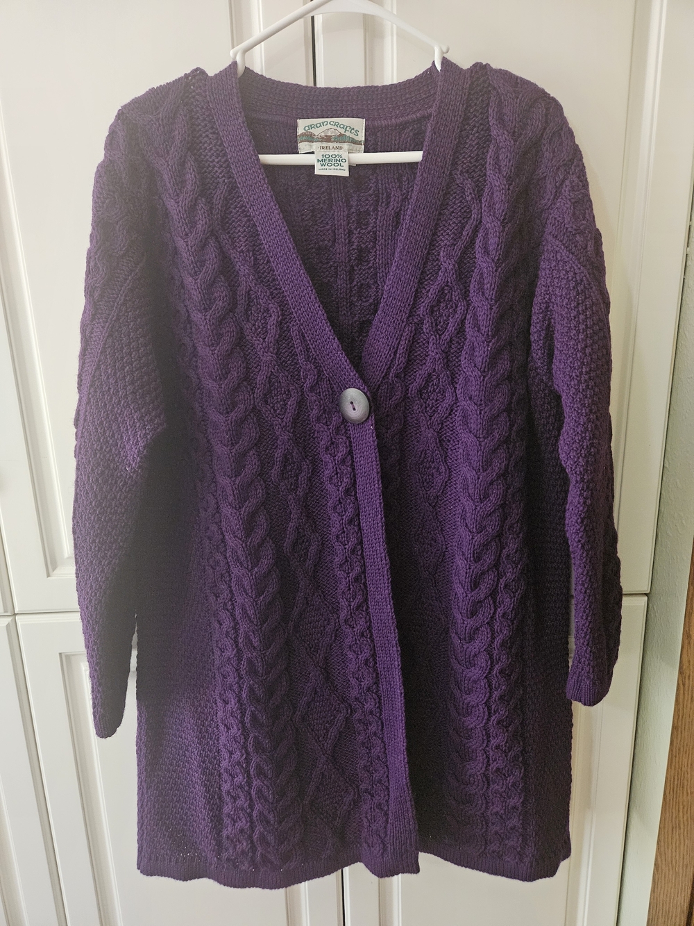 Aran Crafts 100% Merino Wool Chunky Purple Cable Knit Cardigan Irish Heritage